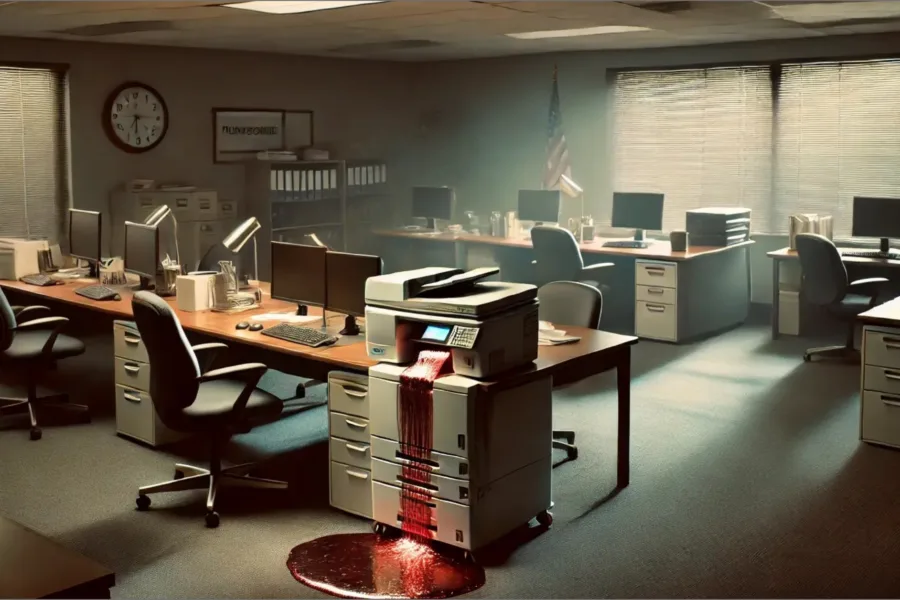 image of an office with blood coming out of a copy machine