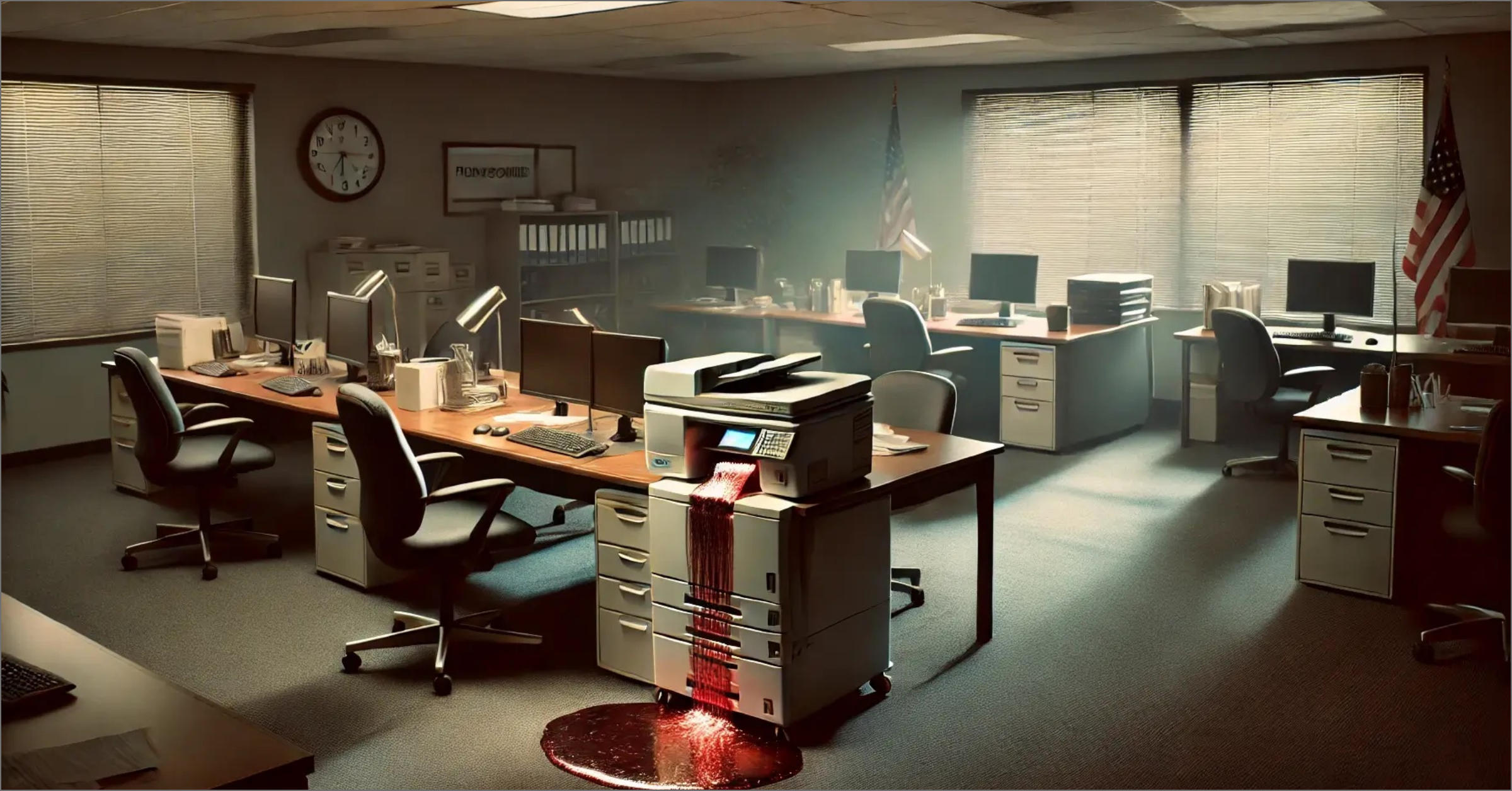 image of an office with blood coming out of a copy machine