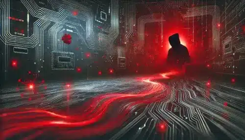 Glowing hooded figure in distance behind a room of circuitry